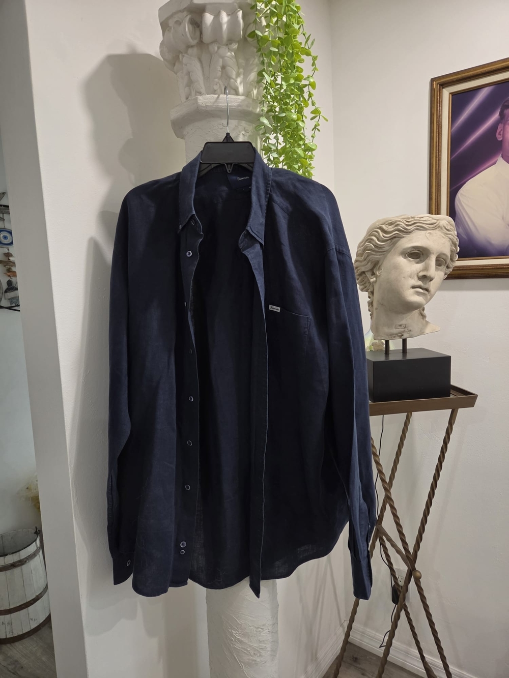 Faconnable Navy Classic Linen-Blend Shirt